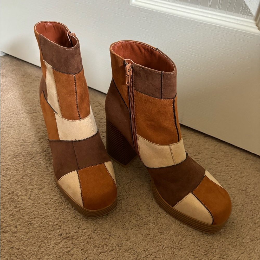 Patchwork Ankle Boots - Brown, Tan, Cream